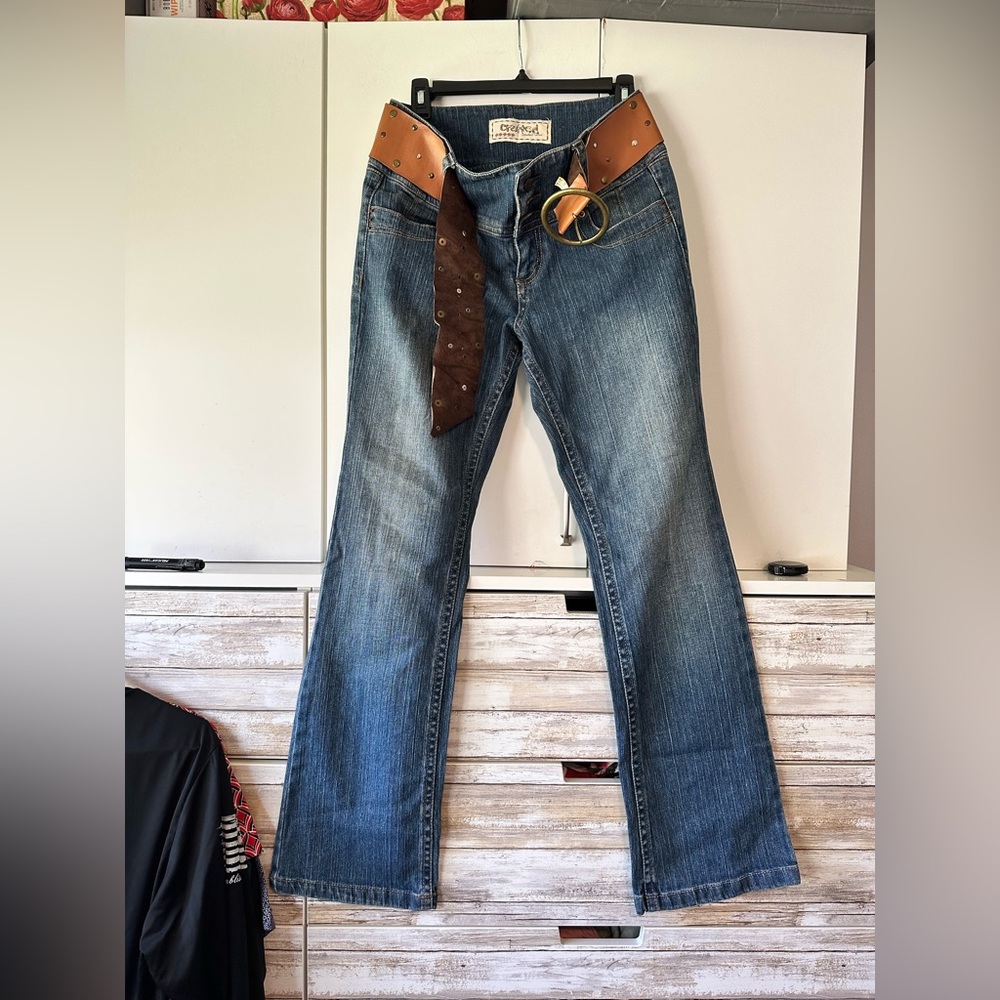 Crafted Industrial Cotton Flare Jeans Size 10 31x30 Y2K Studded Belt Wide Leg
